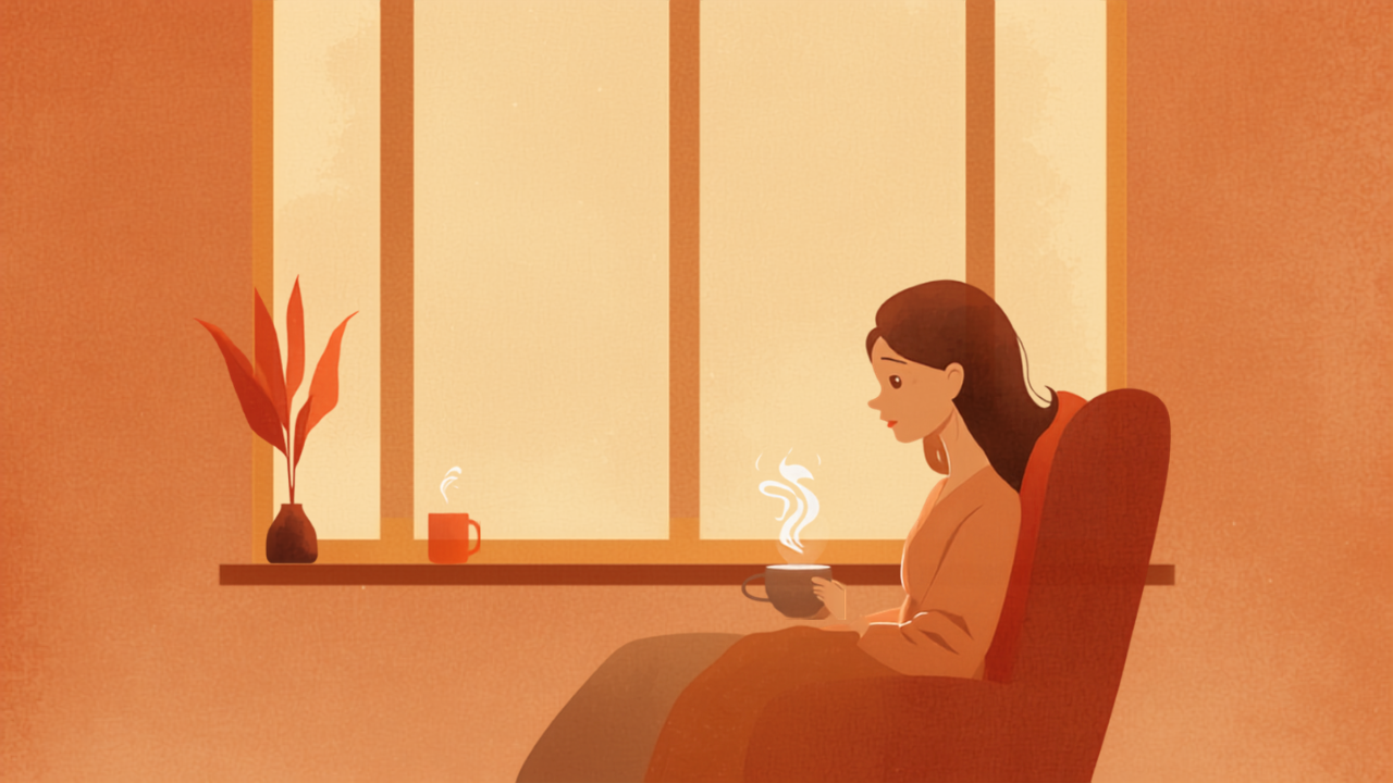 窓辺でお茶を飲み気持ちを休める母親のイラスト