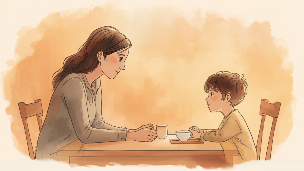 朝に親が思春期の子どもとやさしく話す様子のイラスト