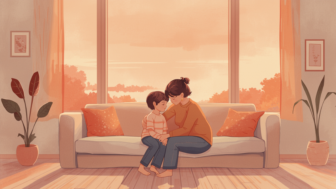 ソファで子どもをやさしく抱きしめる母親のイラスト(夕暮れ)