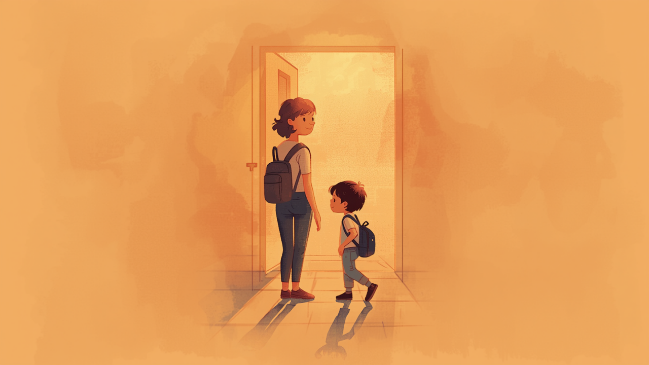 玄関でかばんを持つ子どもと親が向き合うイラスト