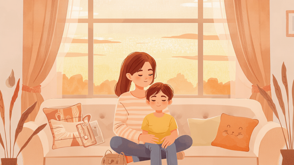 窓辺のソファでやさしく寄り添う母親と子どものやわらかい水彩イラスト（夕暮れ）
