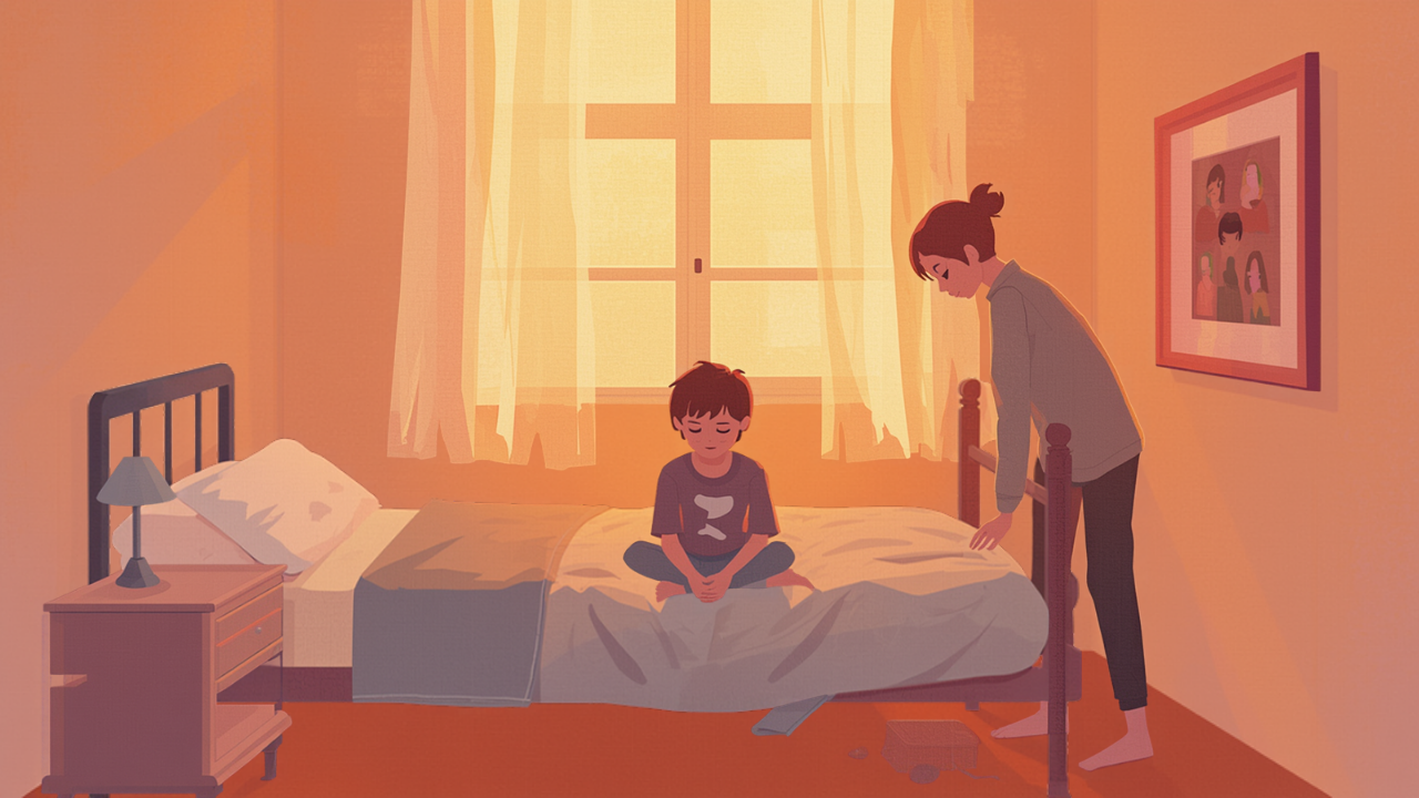 自分の部屋のベッドに座る思春期の子どもと、そっと見守る親のイラスト
