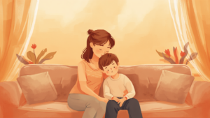 夕暮れのリビングで寄り添う母親と子どものやわらかいイラスト