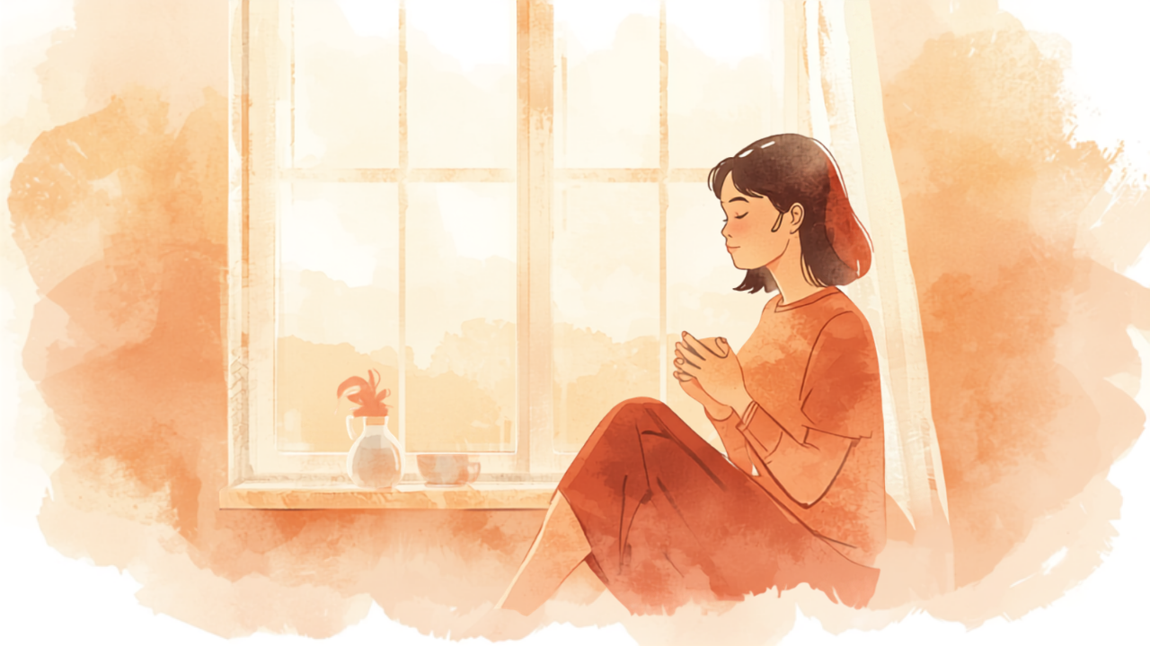 窓辺で温かい飲み物を持ち一息つく母親のイラスト
