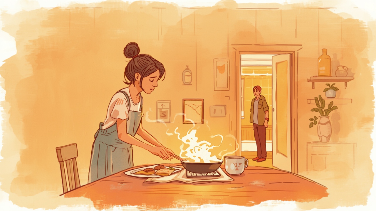 温かいごはんを用意しながら子どもをそっと気にかける母親のイラスト