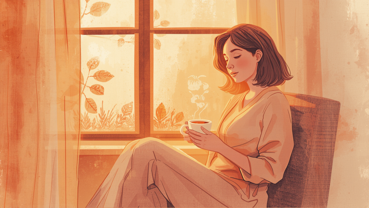 窓辺でお茶を飲みながらひと息つく母親のイラスト