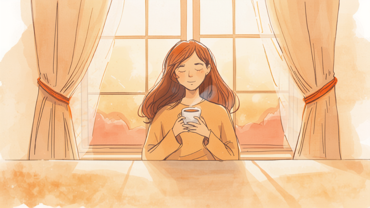 窓辺で温かいお茶を飲み心を落ち着ける母親のイラスト