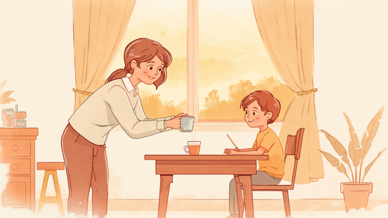 勉強中の子どもに温かい飲み物をそっと差し入れする母親のイラスト