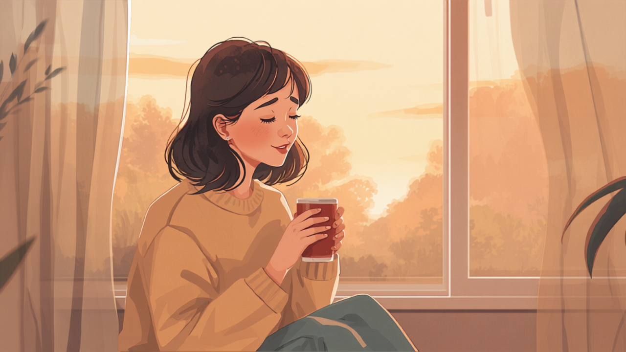 窓辺であたたかい飲み物を手にほっと一息つく母親のイラスト