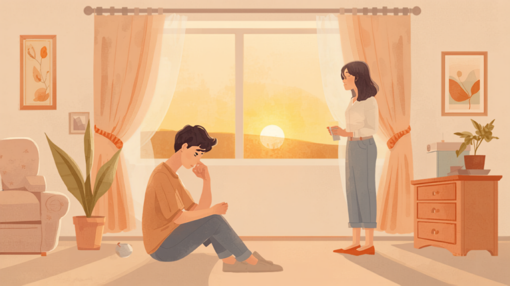 夕暮れのリビングで、うつむく思春期の子どもを母親が少し離れてやさしく見守るイラスト