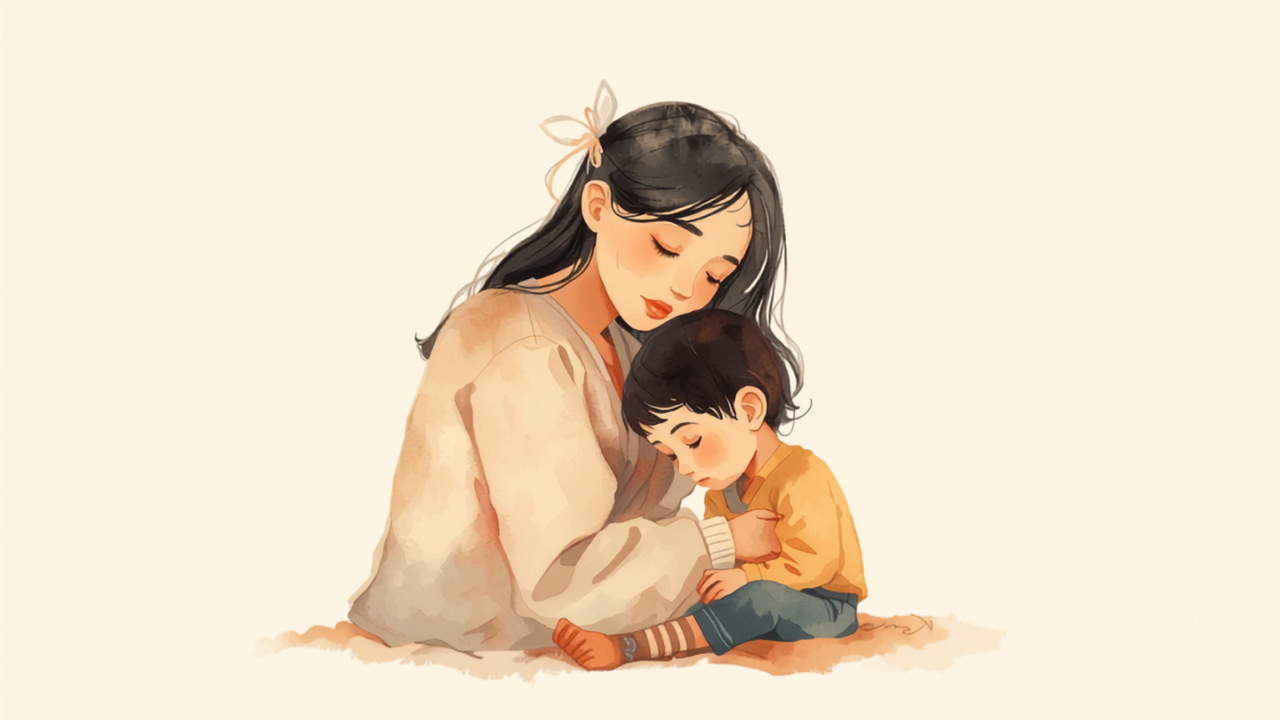子どものそばにそっと寄り添い静かに見守る母親のイラスト