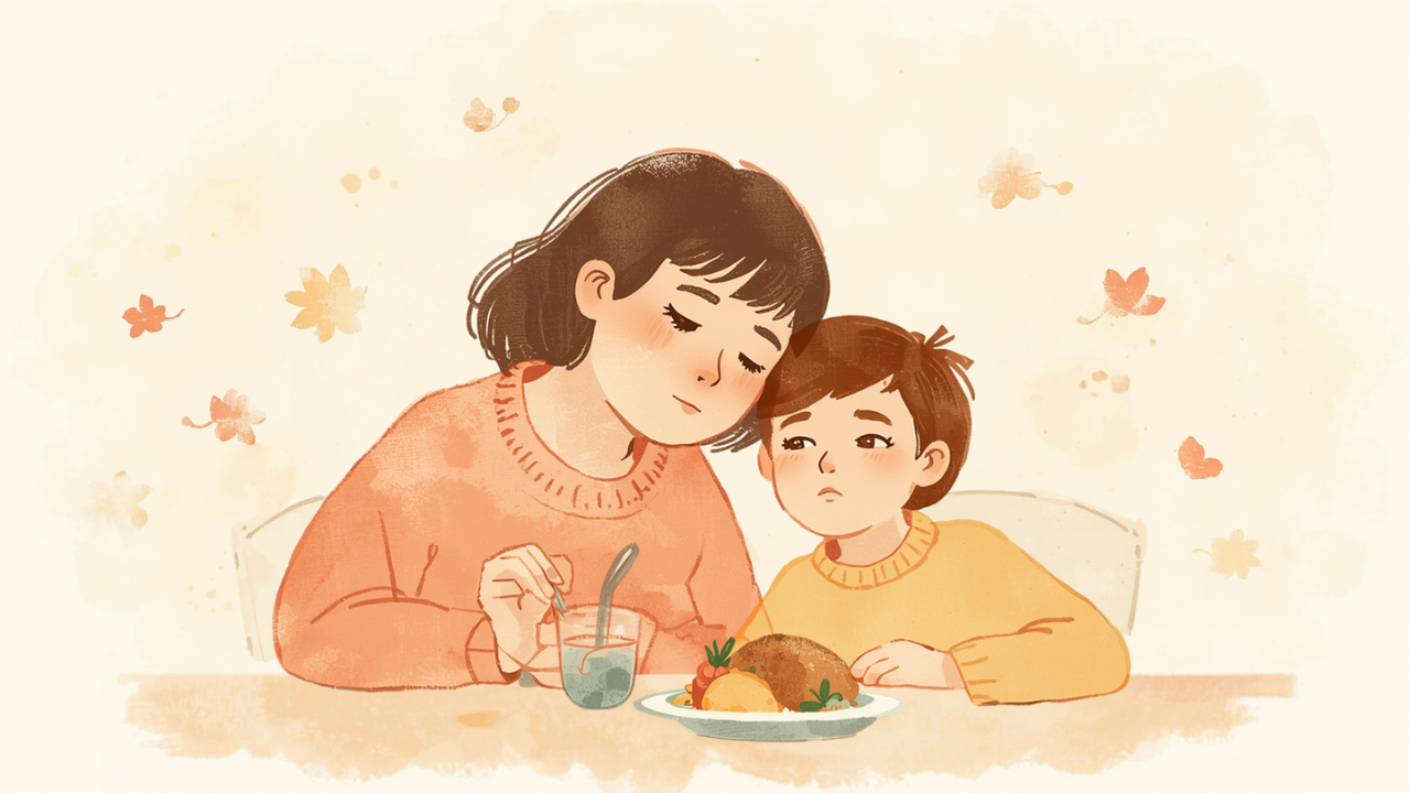 母親が食卓で思春期の子どもにやさしく寄り添うイラスト