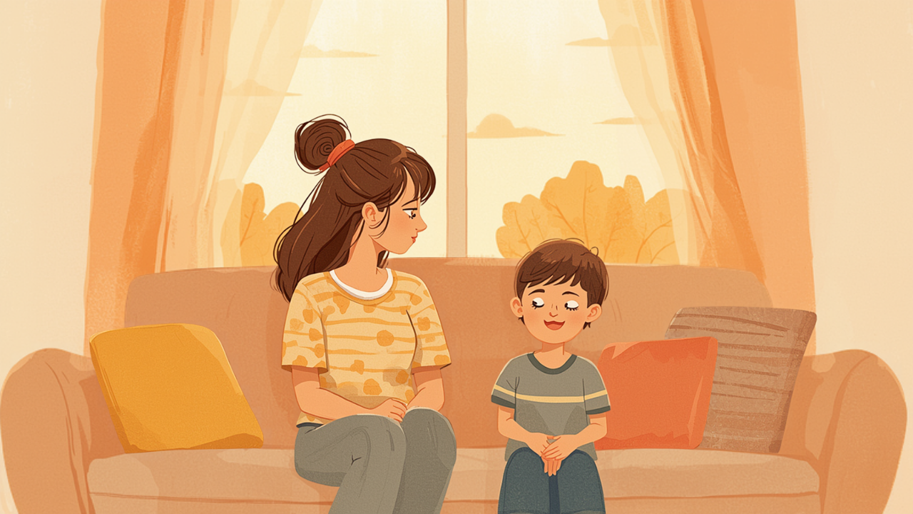 一人っ子の母親と思春期の子どもが夕暮れのリビングで穏やかに向き合うイラスト