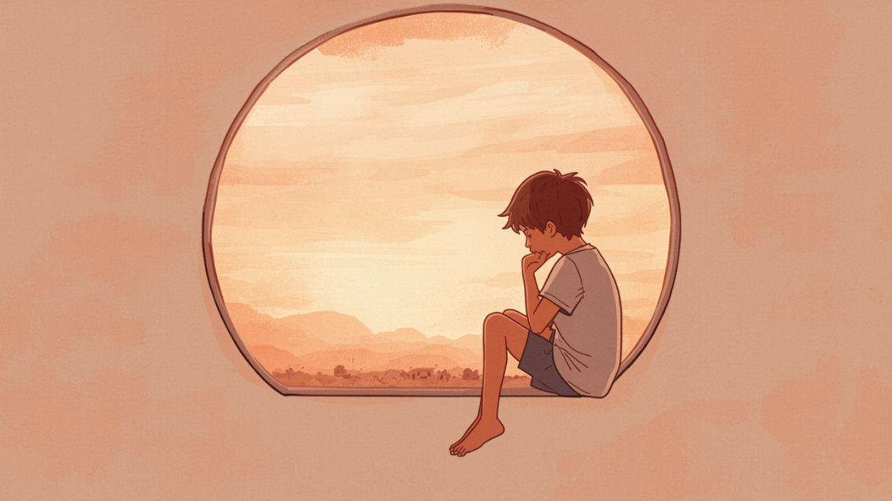 思春期の一人っ子が窓辺で夕焼けを見ながら考え込むイラスト