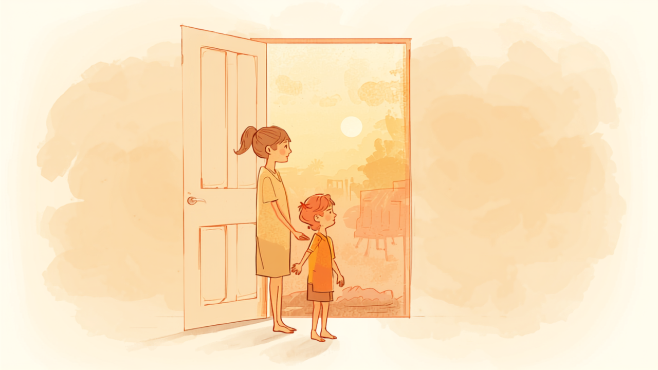 子ども部屋のドアの前でやさしく声をかける親のイラスト