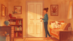 子ども部屋の閉じたドアの前でやさしく見守る母親のイラスト