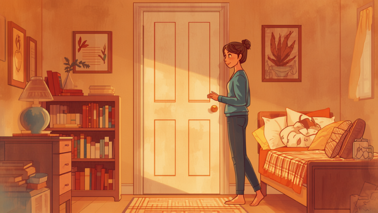 子ども部屋の閉じたドアの前でやさしく見守る母親のイラスト
