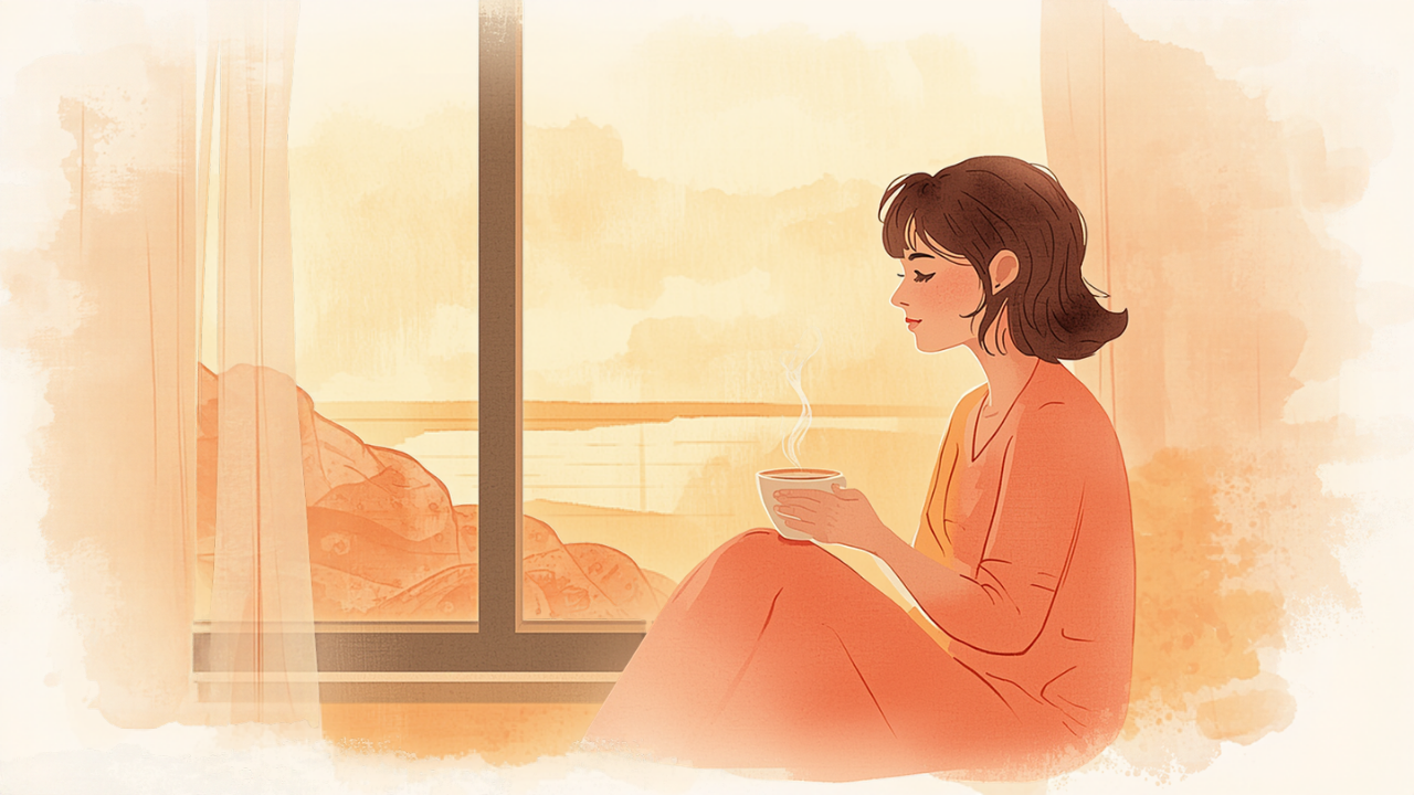 窓辺でお茶を飲み一息つく母親のイラスト