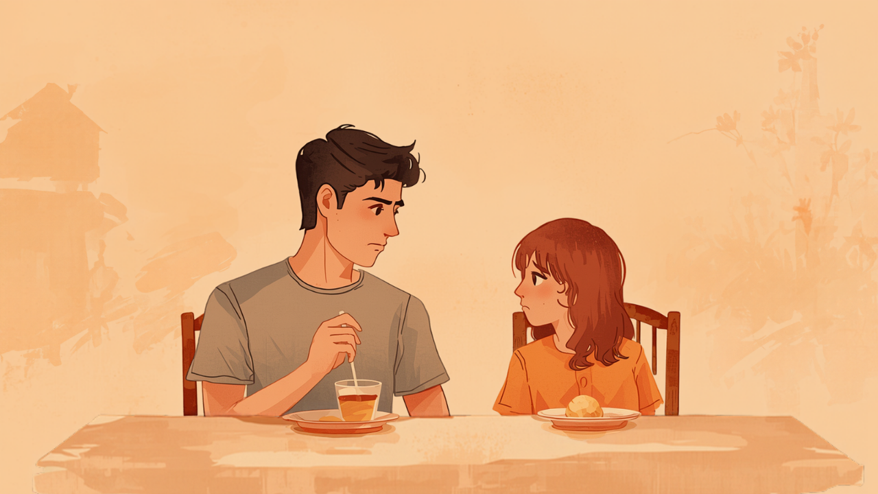 夕食の食卓で少し距離を感じる親と思春期の子どものイラスト
