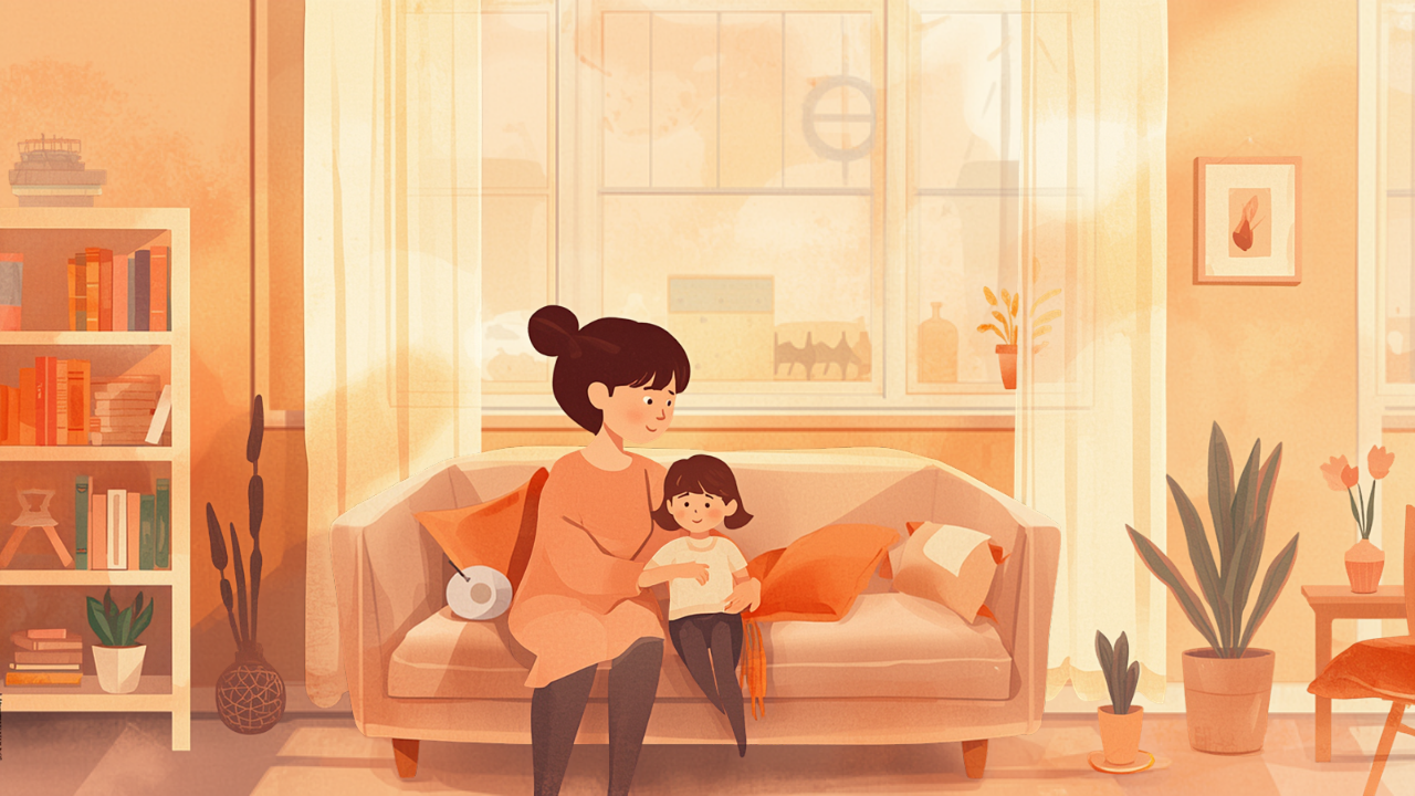 夕暮れのリビングで寄り添う母親と子どものイラスト