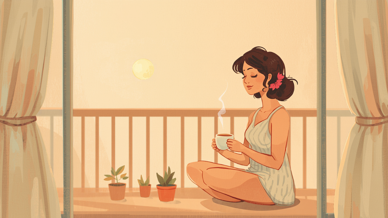 バルコニーでお茶を飲んで休む母親のイラスト