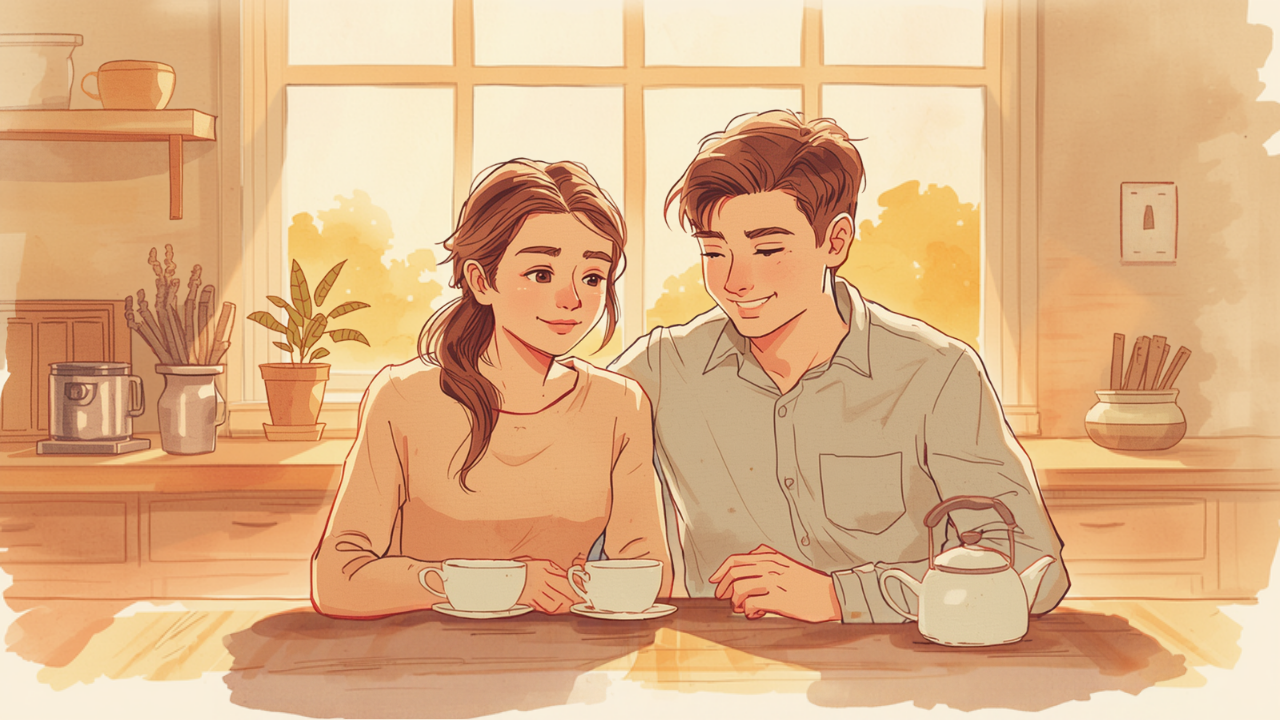 大人になった子と母親が夕暮れのキッチンでお茶を飲むイラスト