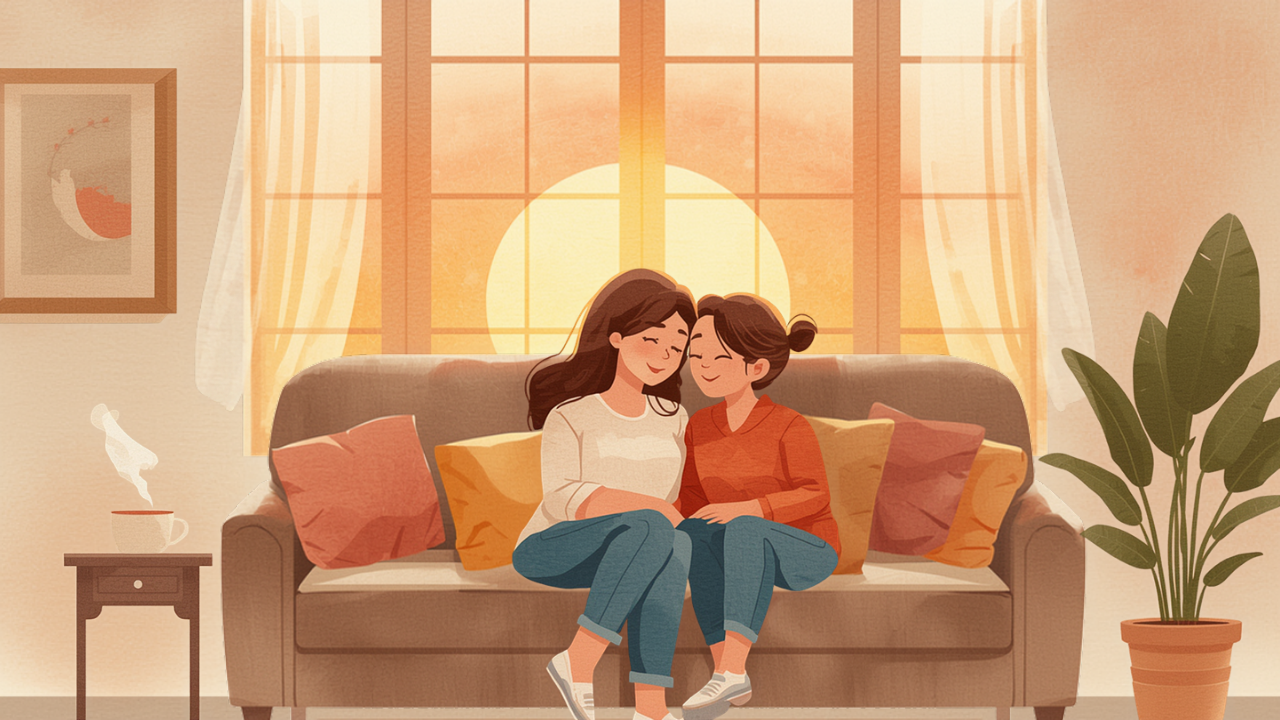 夕日の差すソファで寄り添う母と娘のイラスト