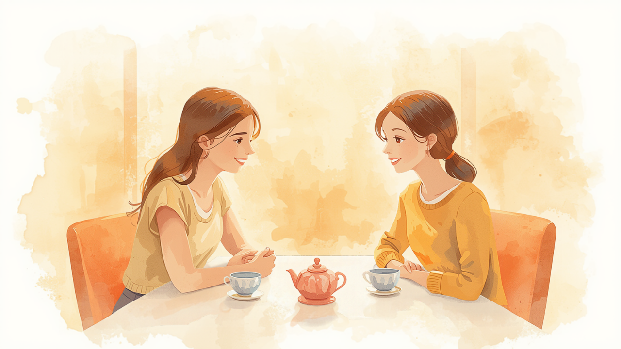 食卓でお茶を飲みながら穏やかに話す母と娘のイラスト
