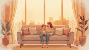 母親と思春期の子どもが夕暮れのソファで寄り添うイラスト