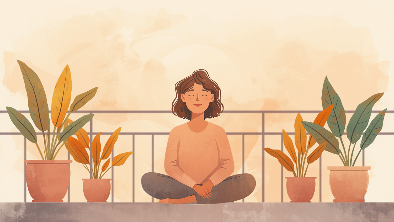ベランダで深呼吸して心を整える母親のイラスト
