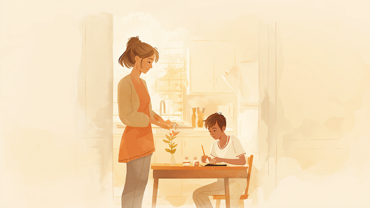台所の入口から宿題をする息子を見守る母親のイラスト